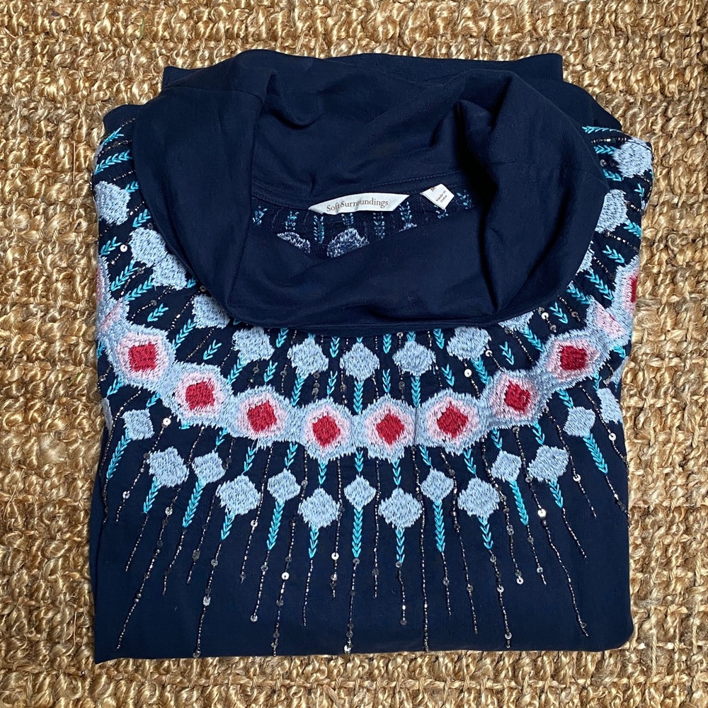 Soft Surroundings beautiful embroidery and sequins Navy blue lightweight sweater